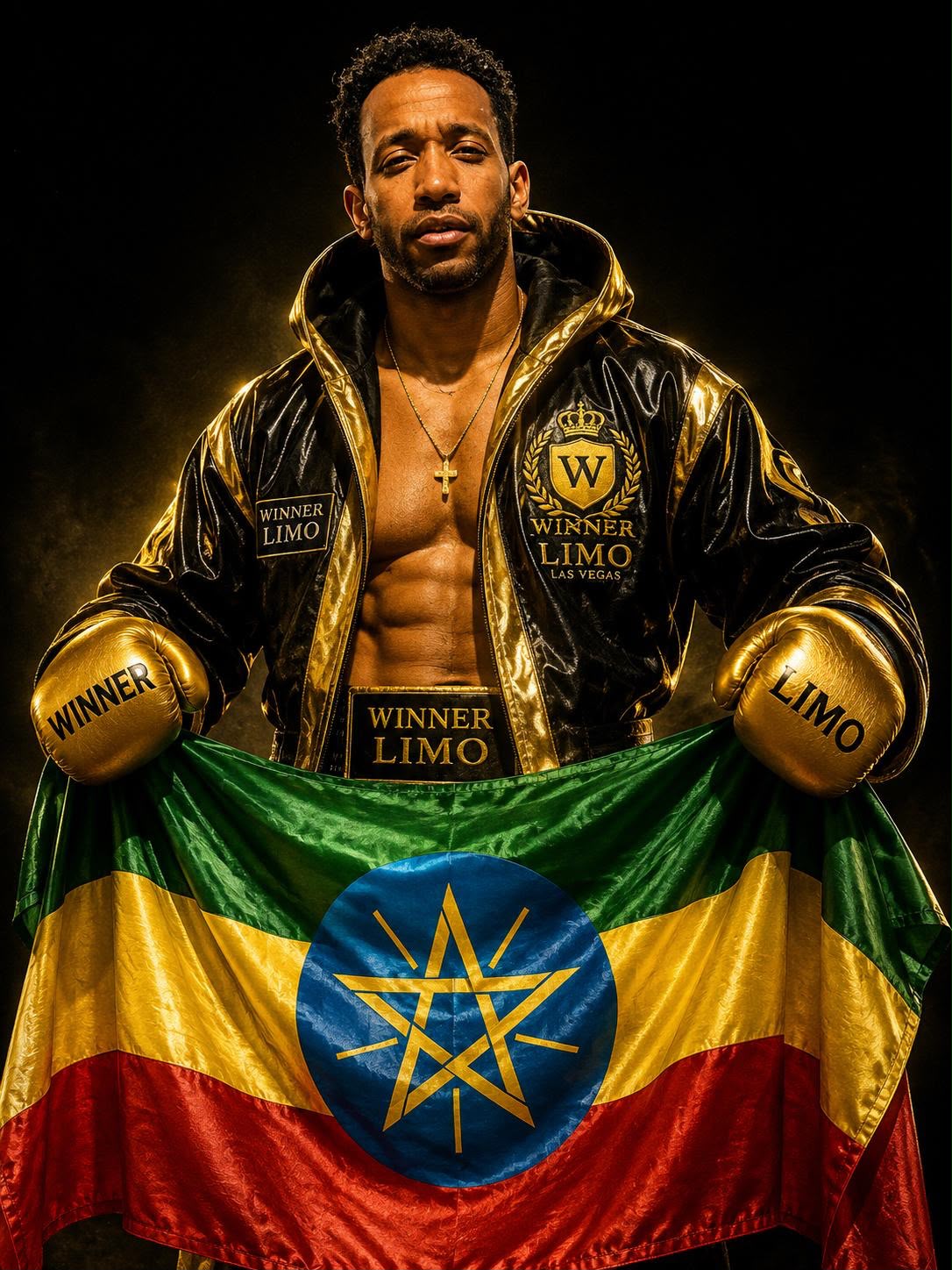 Biniyam Shibre holding the Ethiopian flag